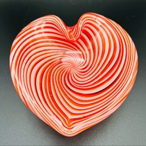 Murano Glass Red and White Candy Stripe Heart Dish Bowl